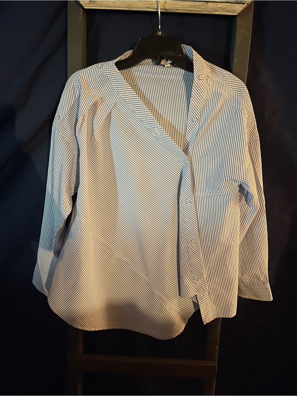 Habitual Blue & White Striped Button-Down V-Neck Top